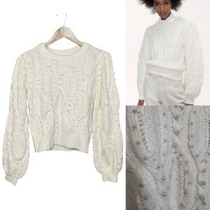Zara Ivory Cable Knit Sweater M Pearl Details Alpaca Wool Blend Balloon Sleeve